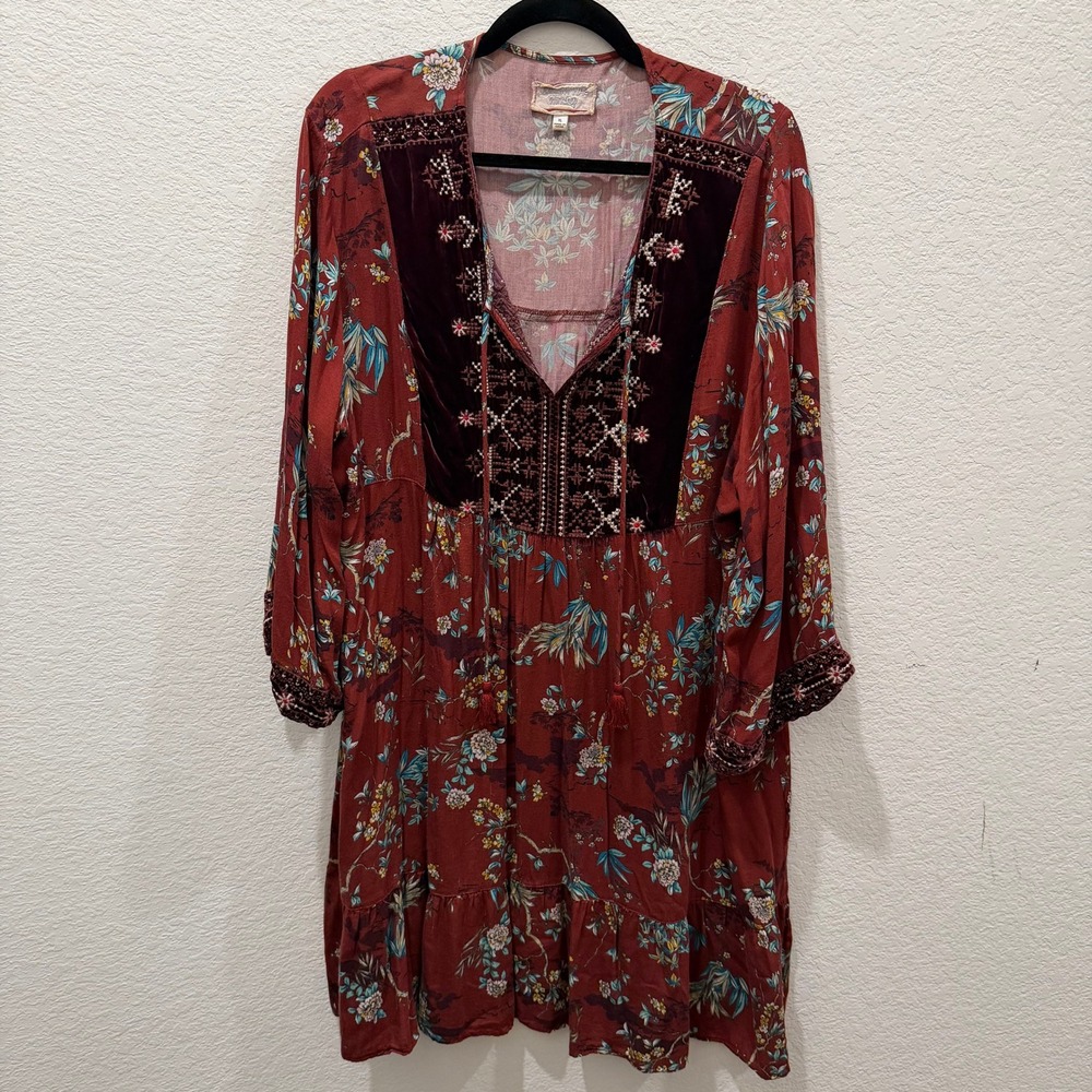 Johnny Was Workshop Rust Red Floral Velvet Embroidered Boho Tunic Dress XL